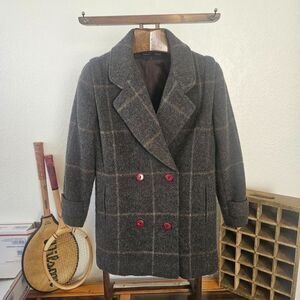 Vtg 70s Alorna Wool Pea Coat Petite Medium Grey Plaid ILGWU Union Made In USA